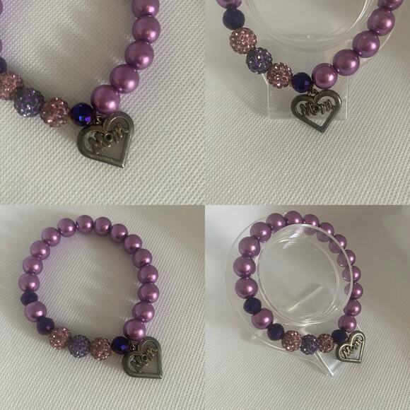 Purple Mom Charm Bracelet Set Crystal Beads Sparkle Beads Elastic Fit - Picture 11 of 17